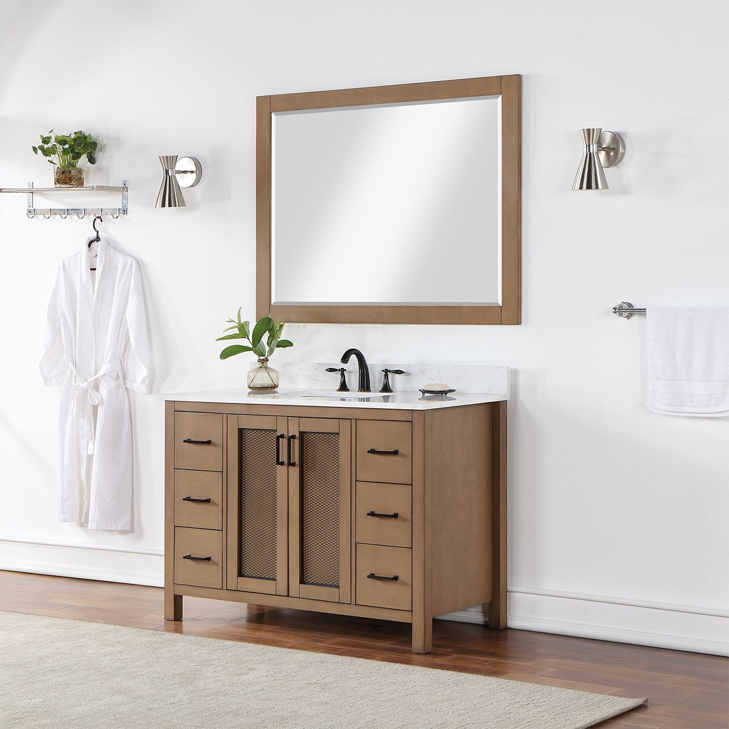 Hadiya 48" Single Bathroom Vanity Set in Brown Pine with Aosta White Engineered Stone Countertop with Mirror