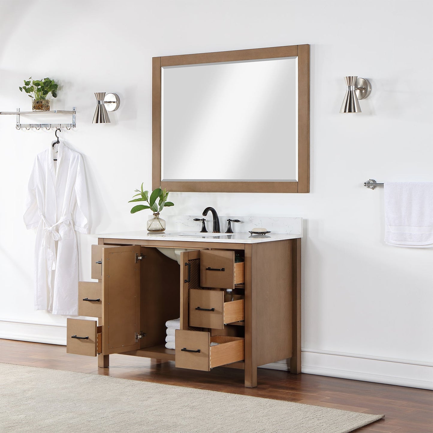 Hadiya 48" Single Bathroom Vanity Set in Brown Pine with Aosta White Engineered Stone Countertop with Mirror