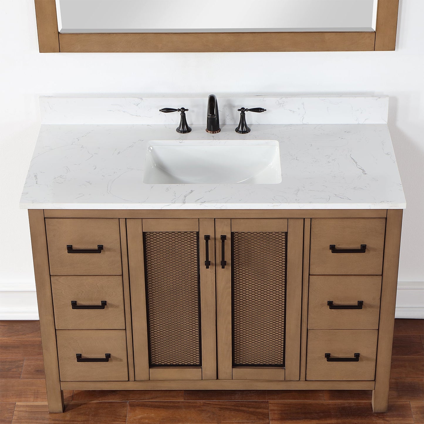 Hadiya 48" Single Bathroom Vanity Set in Brown Pine with Aosta White Engineered Stone Countertop with Mirror
