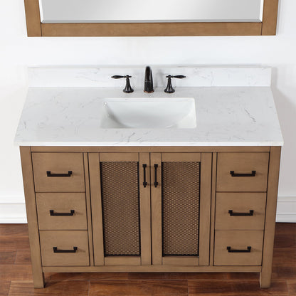 Hadiya 48" Single Bathroom Vanity Set in Brown Pine with Aosta White Engineered Stone Countertop with Mirror