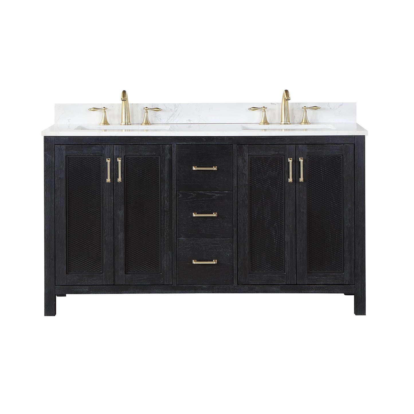 Hadiya 60" Double Bathroom Vanity Set in Black Oak with Aosta White Engineered Stone Countertop without Mirror