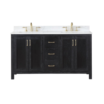 Hadiya 60" Double Bathroom Vanity Set in Black Oak with Aosta White Engineered Stone Countertop without Mirror