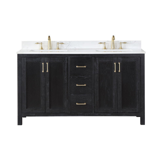 Hadiya 60" Double Bathroom Vanity Set in Black Oak with Aosta White Engineered Stone Countertop without Mirror