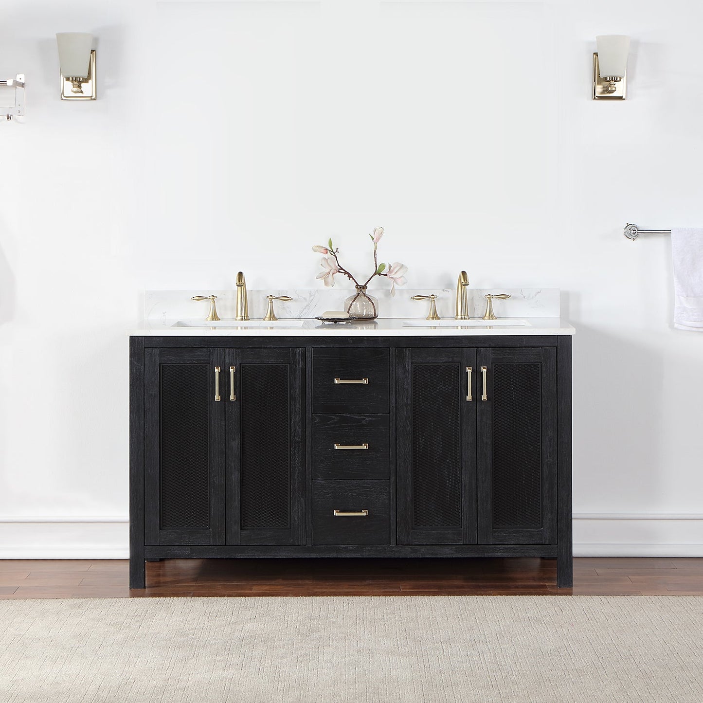 Hadiya 60" Double Bathroom Vanity Set in Black Oak with Aosta White Engineered Stone Countertop without Mirror