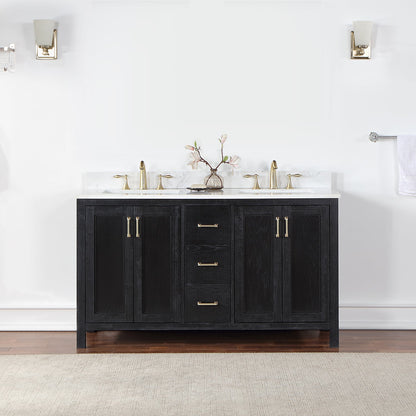 Hadiya 60" Double Bathroom Vanity Set in Black Oak with Aosta White Engineered Stone Countertop without Mirror