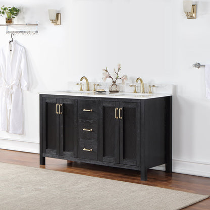 Hadiya 60" Double Bathroom Vanity Set in Black Oak with Aosta White Engineered Stone Countertop without Mirror