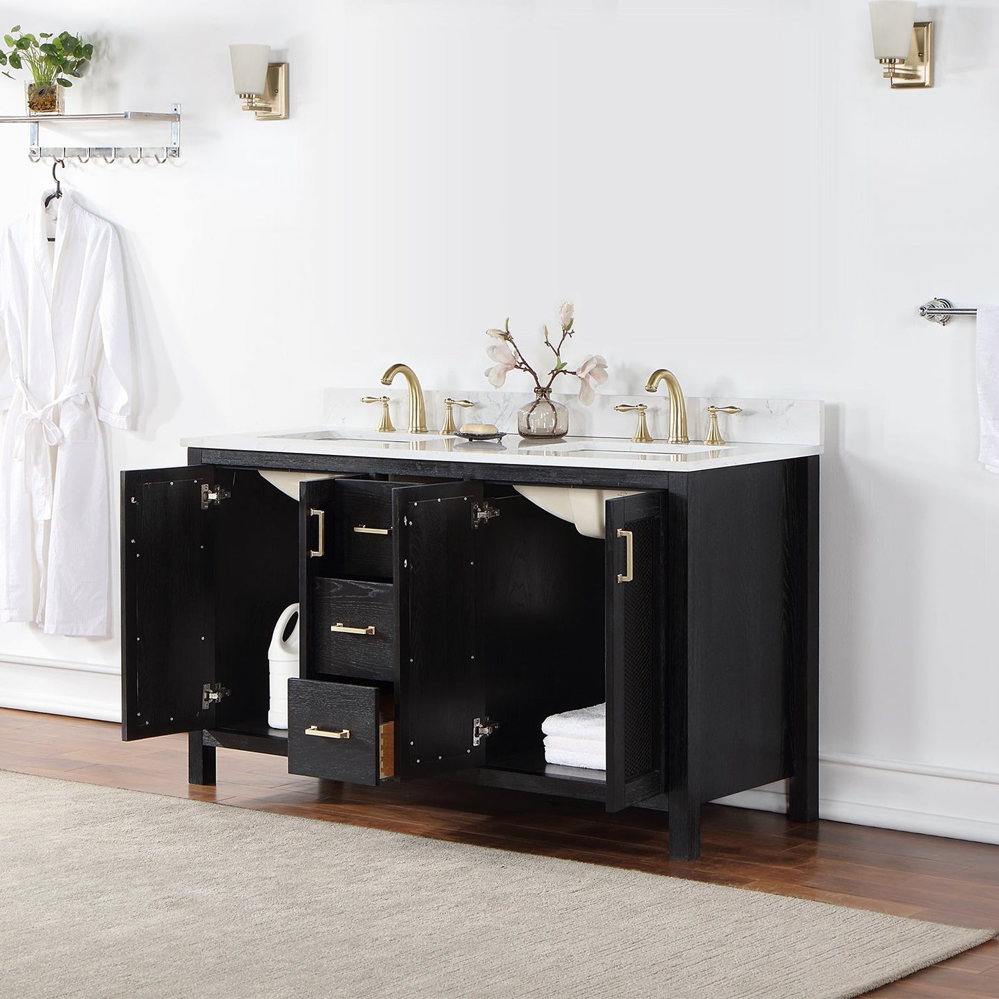Hadiya 60" Double Bathroom Vanity Set in Black Oak with Aosta White Engineered Stone Countertop without Mirror