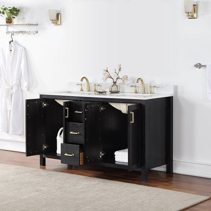 Hadiya 60" Double Bathroom Vanity Set in Black Oak with Aosta White Engineered Stone Countertop without Mirror