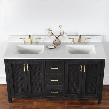 Hadiya 60" Double Bathroom Vanity Set in Black Oak with Aosta White Engineered Stone Countertop without Mirror