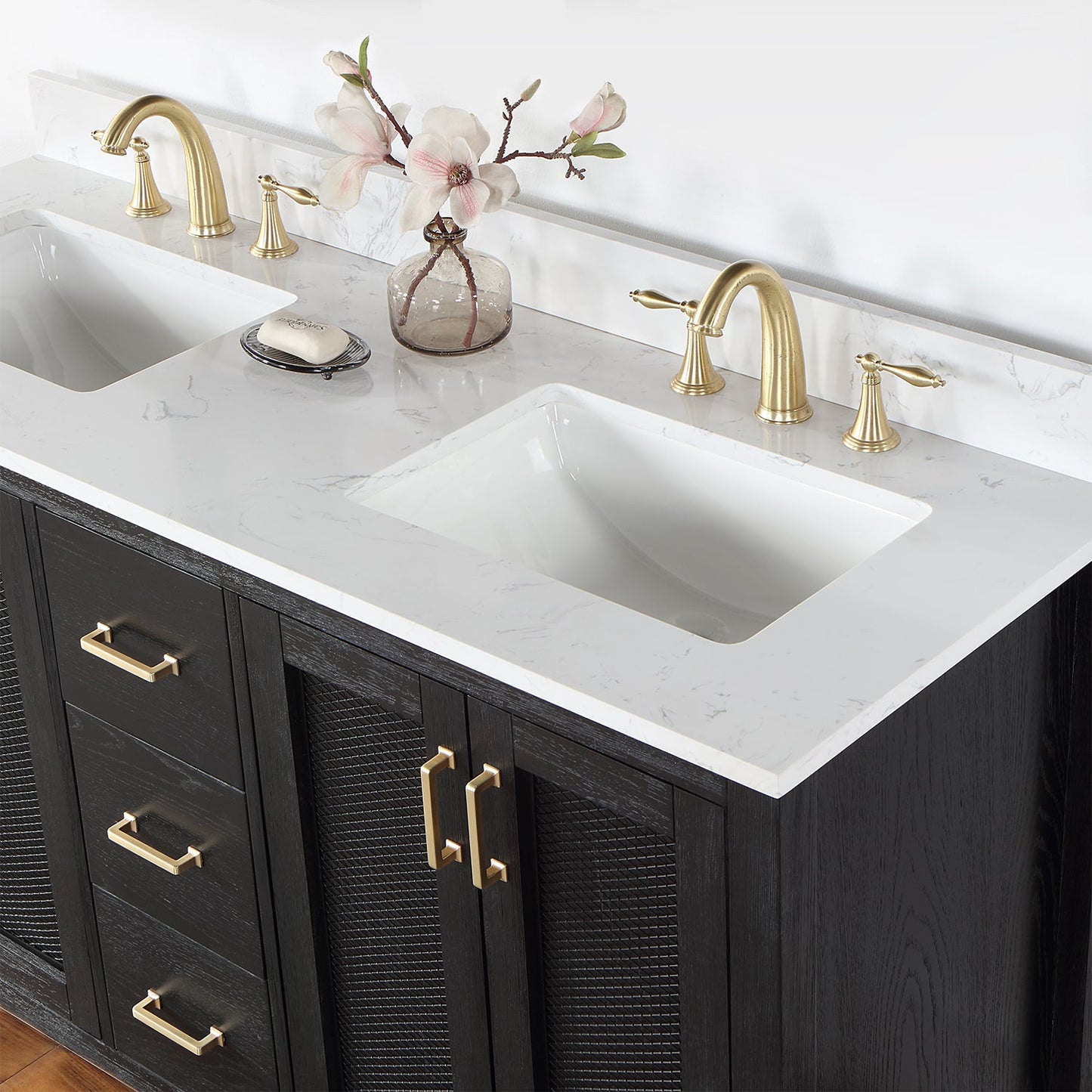 Hadiya 60" Double Bathroom Vanity Set in Black Oak with Aosta White Engineered Stone Countertop without Mirror