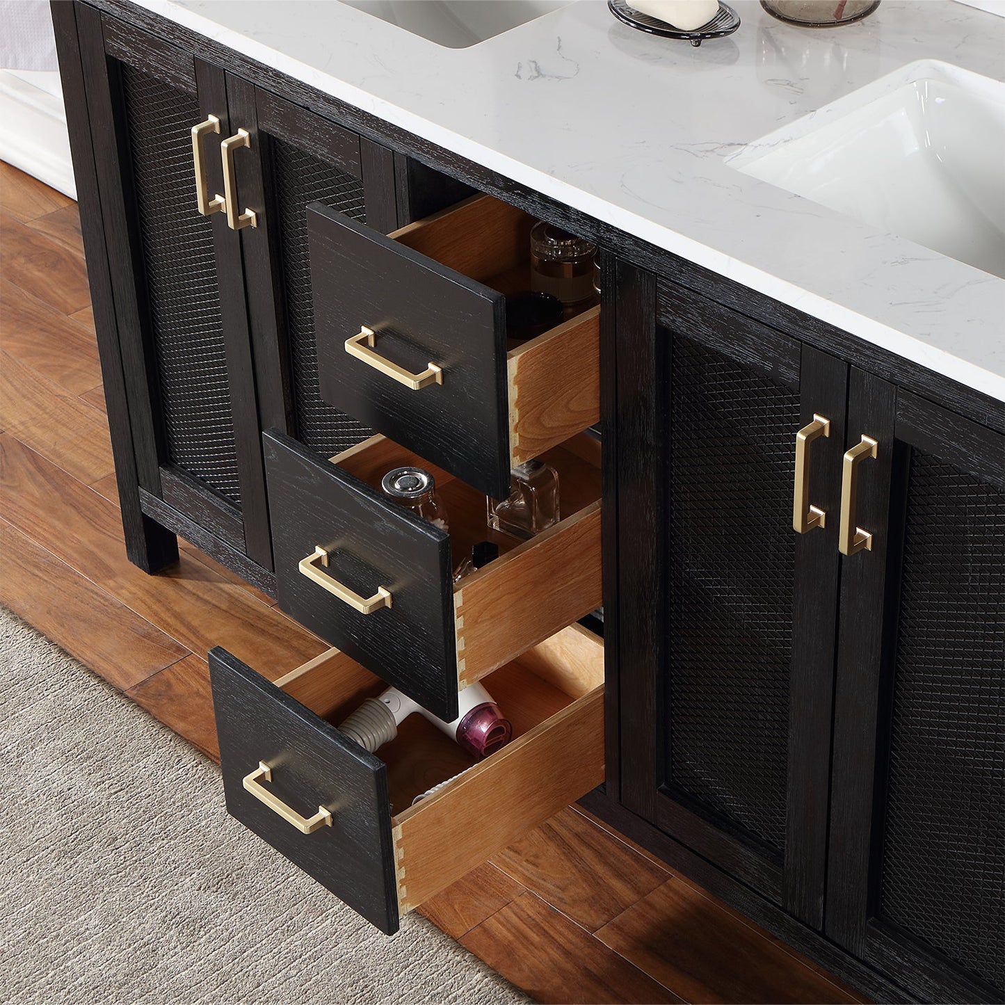 Hadiya 60" Double Bathroom Vanity Set in Black Oak with Aosta White Engineered Stone Countertop without Mirror
