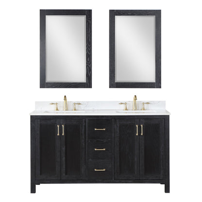 Hadiya 60" Double Bathroom Vanity Set in Black Oak with Aosta White Engineered Stone Countertop with Mirror