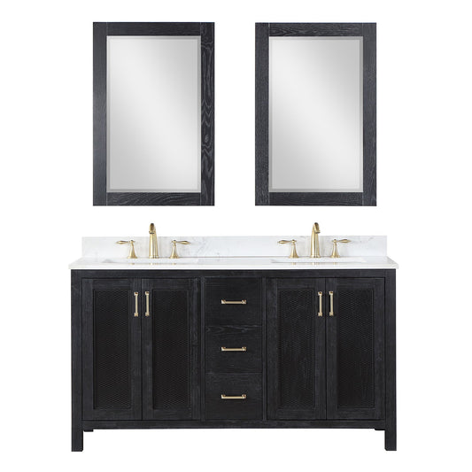 Hadiya 60" Double Bathroom Vanity Set in Black Oak with Aosta White Engineered Stone Countertop with Mirror