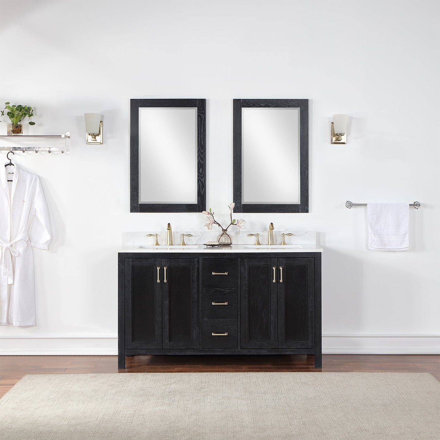 Hadiya 60" Double Bathroom Vanity Set in Black Oak with Aosta White Engineered Stone Countertop with Mirror