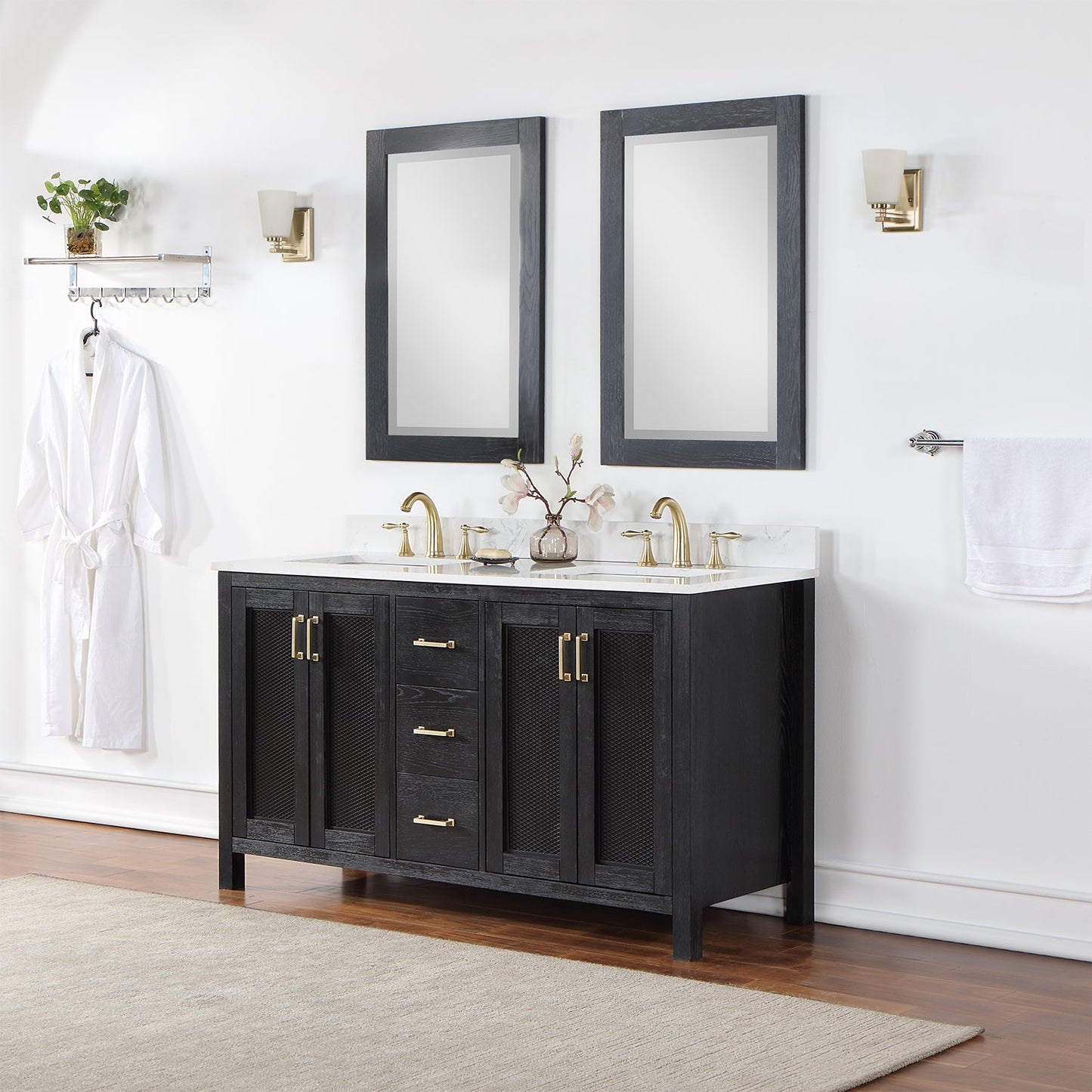 Hadiya 60" Double Bathroom Vanity Set in Black Oak with Aosta White Engineered Stone Countertop with Mirror