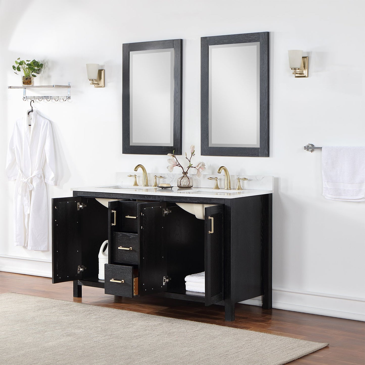 Hadiya 60" Double Bathroom Vanity Set in Black Oak with Aosta White Engineered Stone Countertop with Mirror