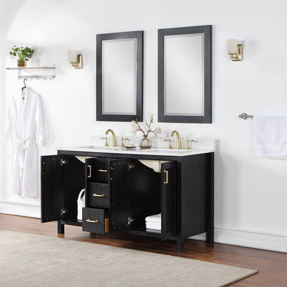 Hadiya 60" Double Bathroom Vanity Set in Black Oak with Aosta White Engineered Stone Countertop with Mirror