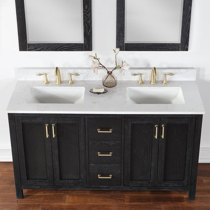 Hadiya 60" Double Bathroom Vanity Set in Black Oak with Aosta White Engineered Stone Countertop with Mirror