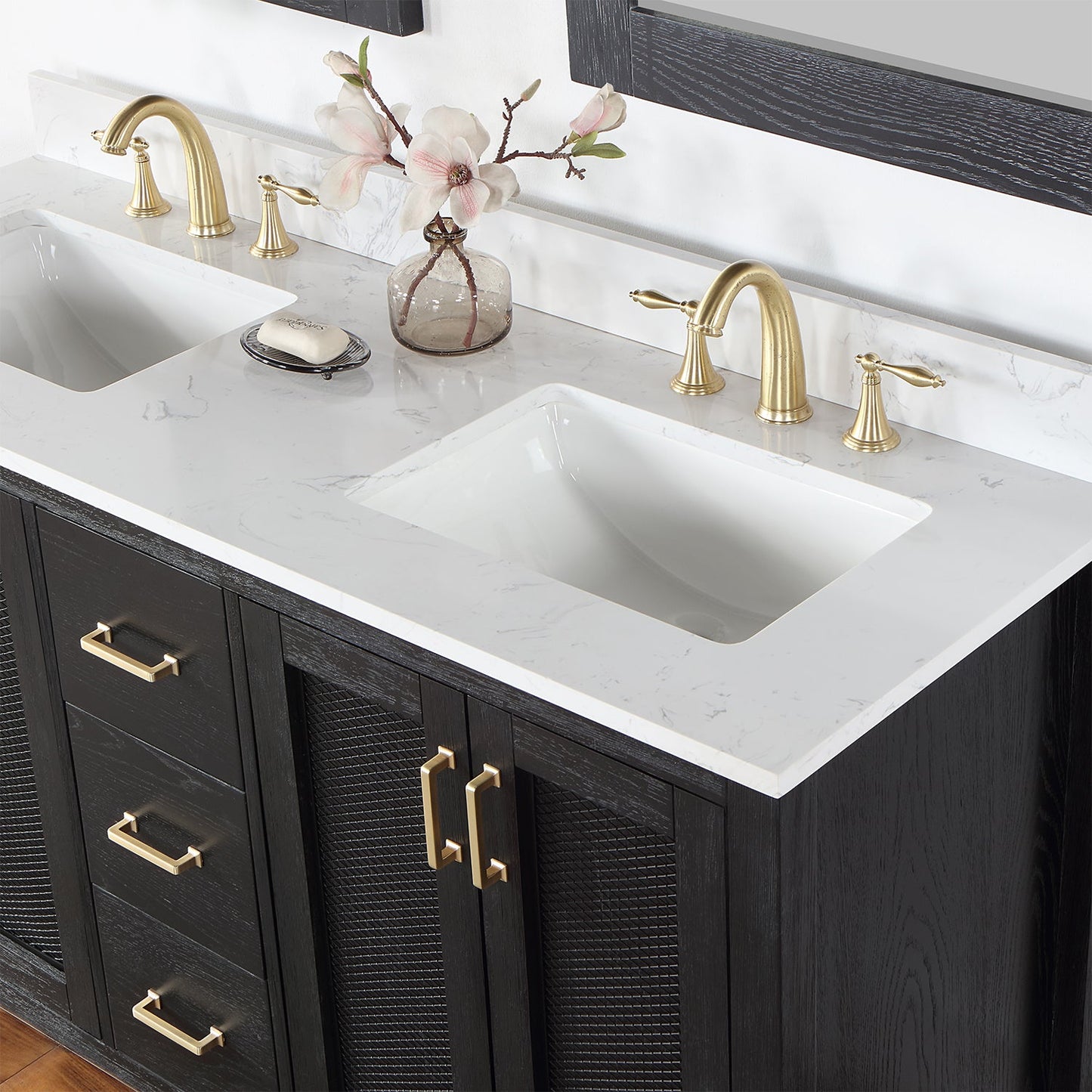 Hadiya 60" Double Bathroom Vanity Set in Black Oak with Aosta White Engineered Stone Countertop with Mirror