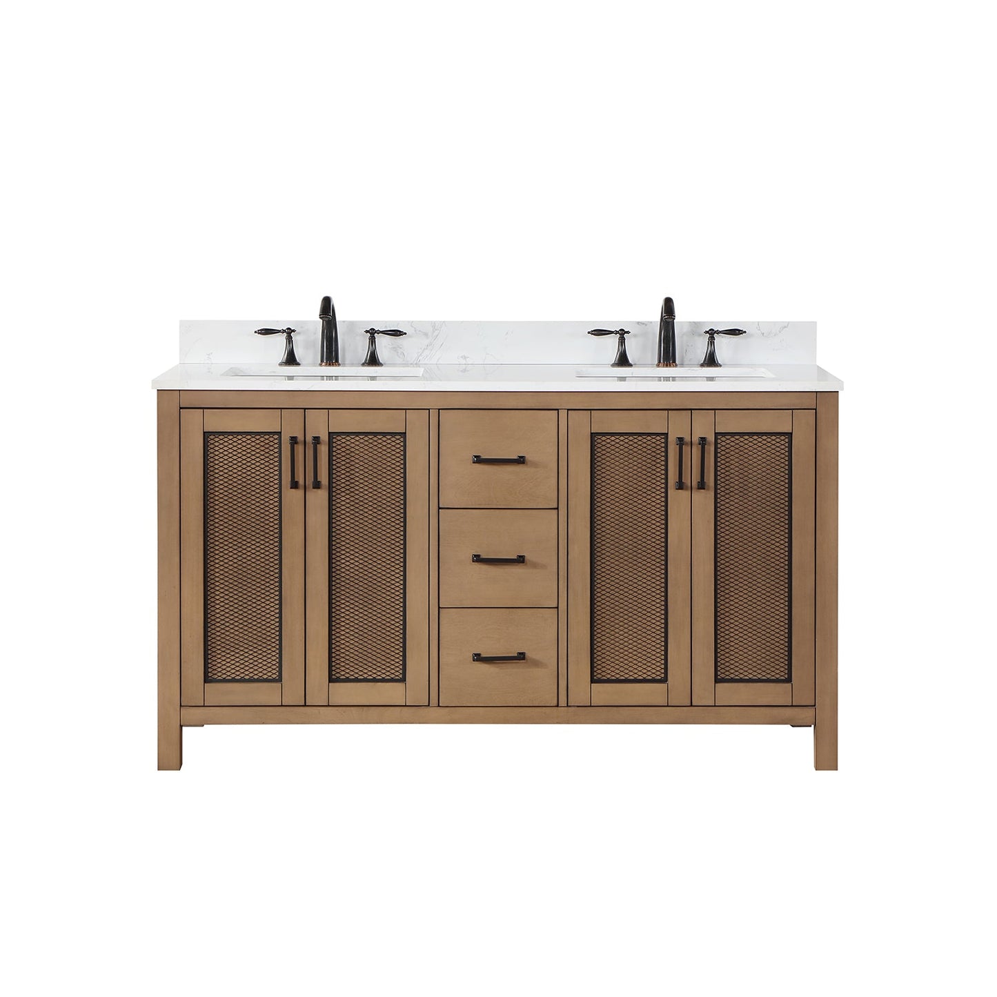 Hadiya 60" Double Bathroom Vanity Set in Brown Pine with Aosta White Engineered Stone Countertop without Mirror