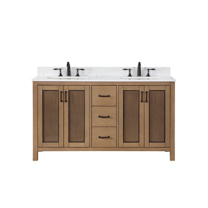Hadiya 60" Double Bathroom Vanity Set in Brown Pine with Aosta White Engineered Stone Countertop without Mirror
