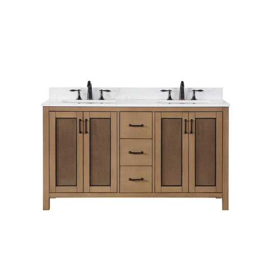 Hadiya 60" Double Bathroom Vanity Set in Brown Pine with Aosta White Engineered Stone Countertop without Mirror