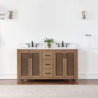 Hadiya 60" Double Bathroom Vanity Set in Brown Pine with Aosta White Engineered Stone Countertop without Mirror