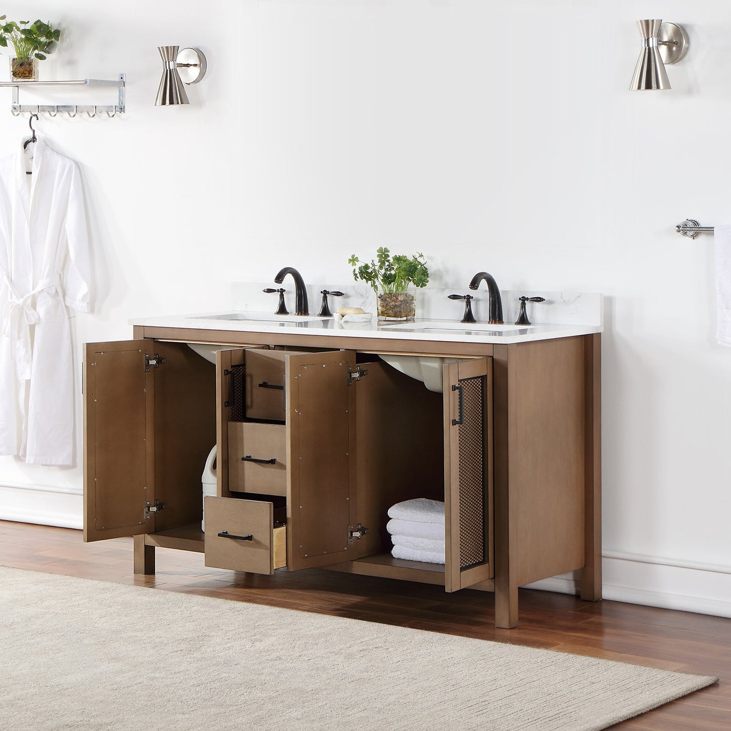 Hadiya 60" Double Bathroom Vanity Set in Brown Pine with Aosta White Engineered Stone Countertop without Mirror