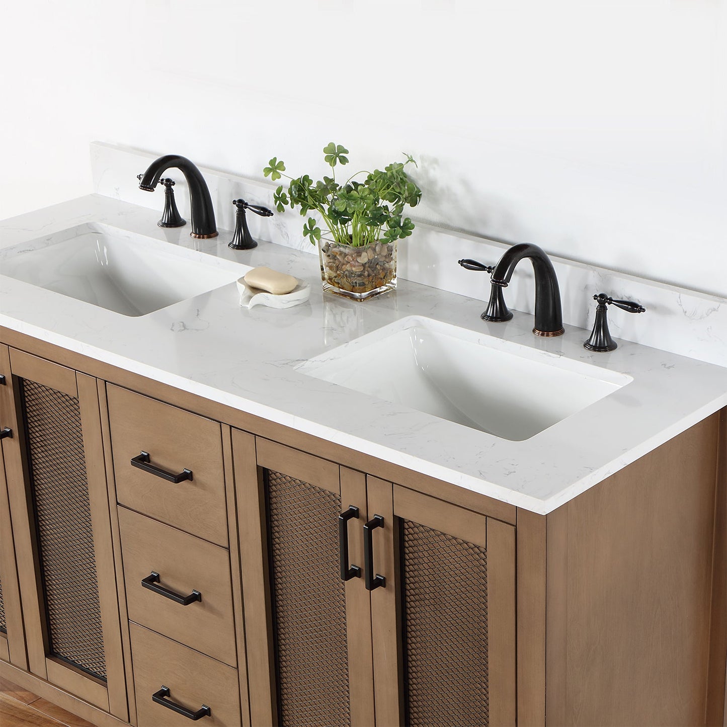 Hadiya 60" Double Bathroom Vanity Set in Brown Pine with Aosta White Engineered Stone Countertop without Mirror