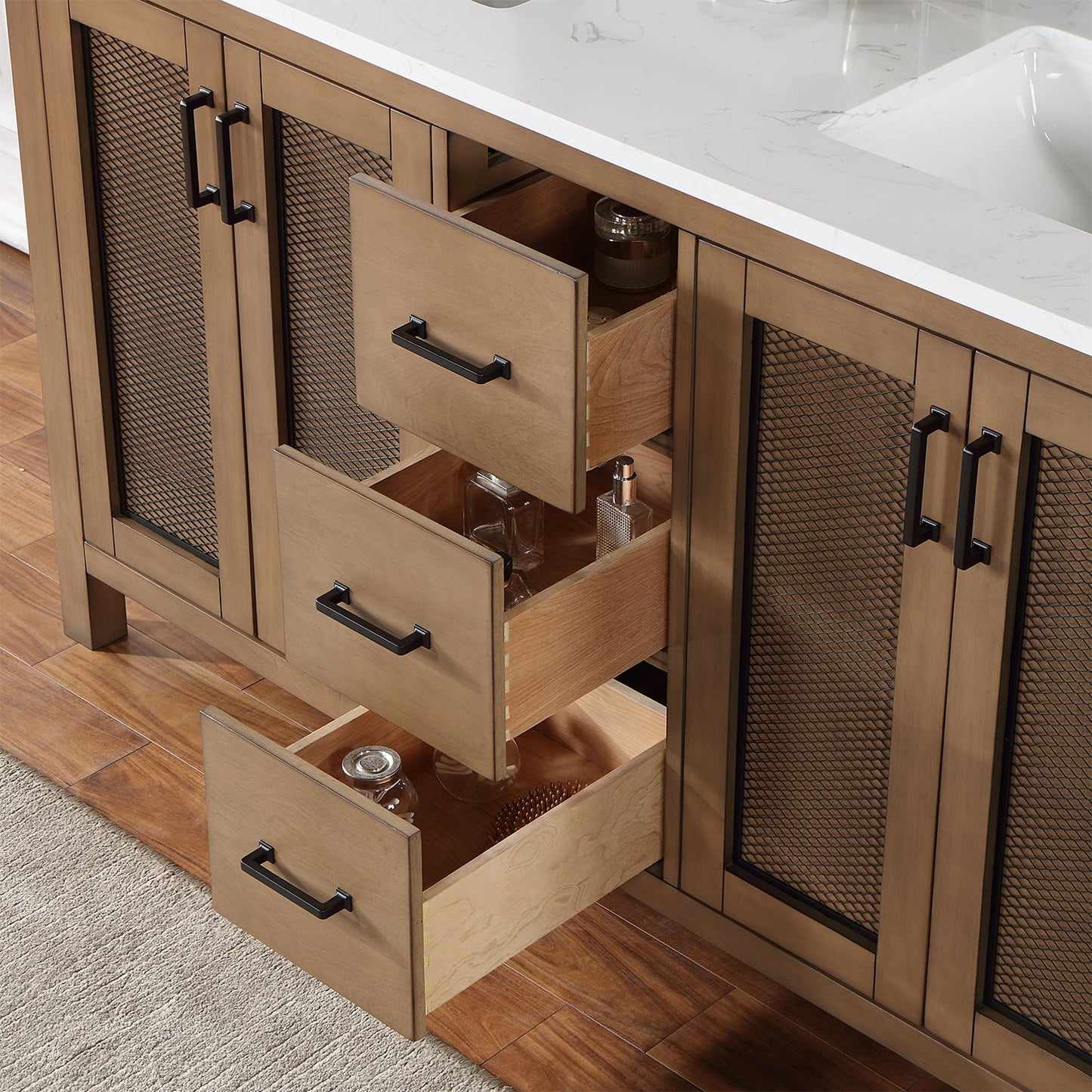 Hadiya 60" Double Bathroom Vanity Set in Brown Pine with Aosta White Engineered Stone Countertop without Mirror