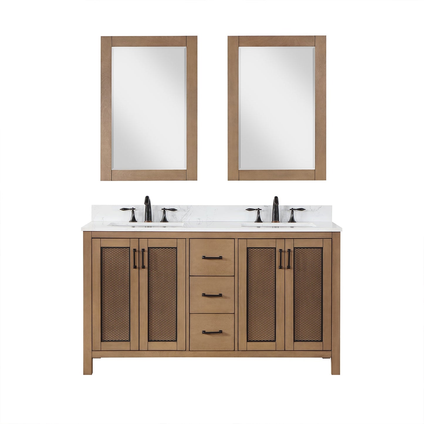 Hadiya 60" Double Bathroom Vanity Set in Brown Pine with Aosta White Engineered Stone Countertop with Mirror
