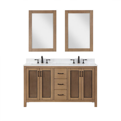 Hadiya 60" Double Bathroom Vanity Set in Brown Pine with Aosta White Engineered Stone Countertop with Mirror