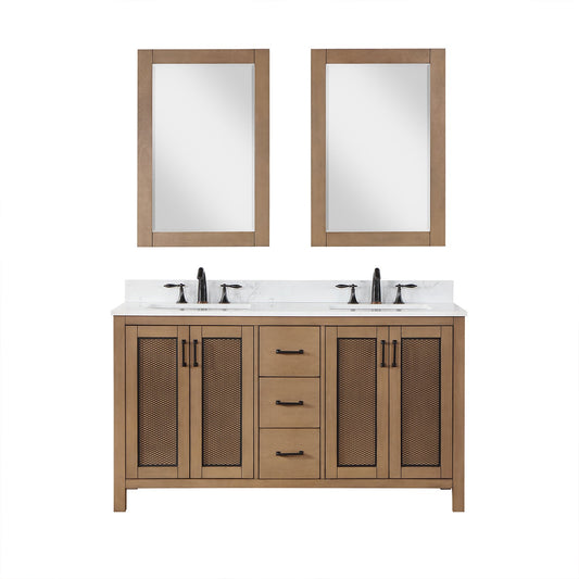 Hadiya 60" Double Bathroom Vanity Set in Brown Pine with Aosta White Engineered Stone Countertop with Mirror