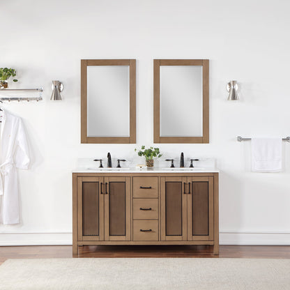 Hadiya 60" Double Bathroom Vanity Set in Brown Pine with Aosta White Engineered Stone Countertop with Mirror