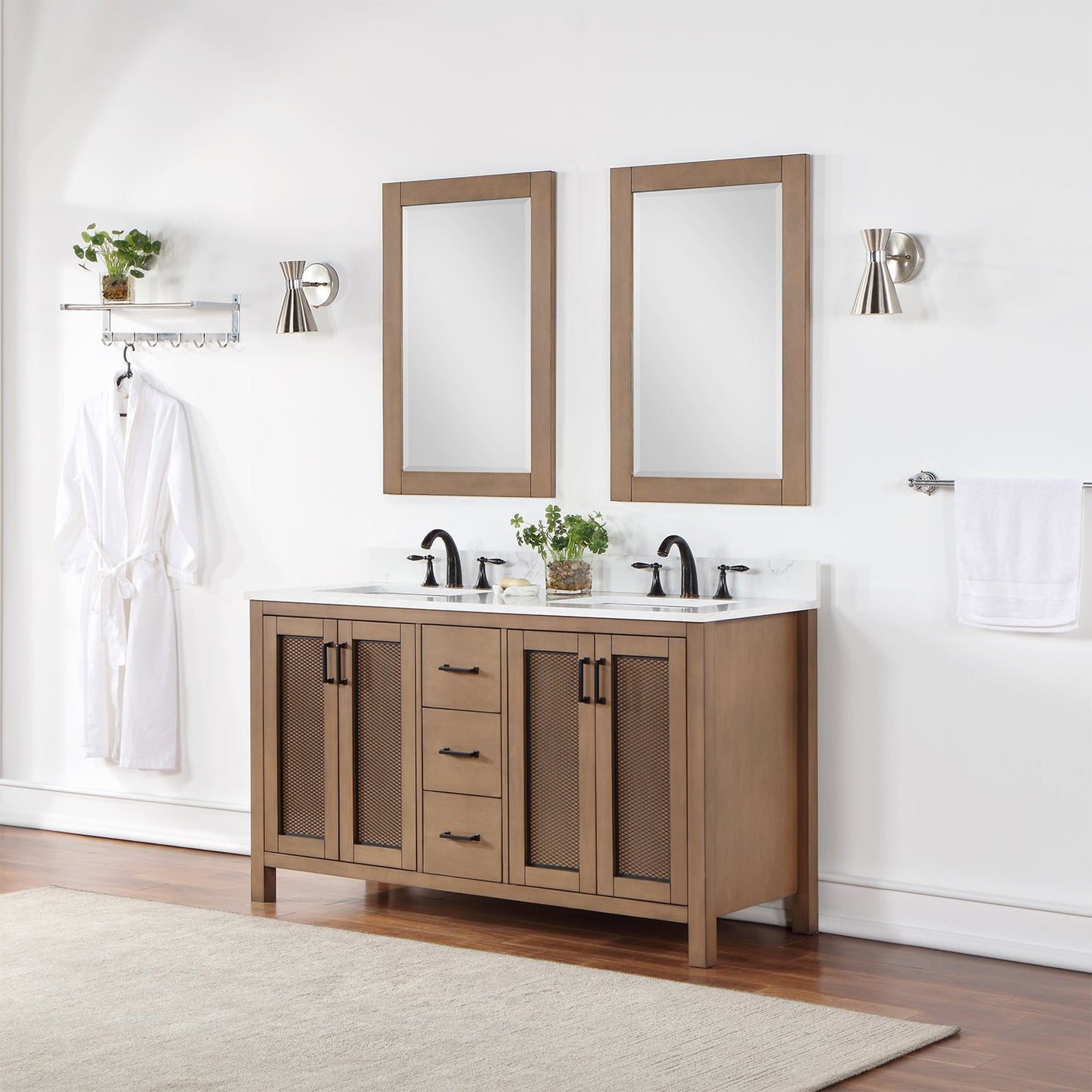 Hadiya 60" Double Bathroom Vanity Set in Brown Pine with Aosta White Engineered Stone Countertop with Mirror