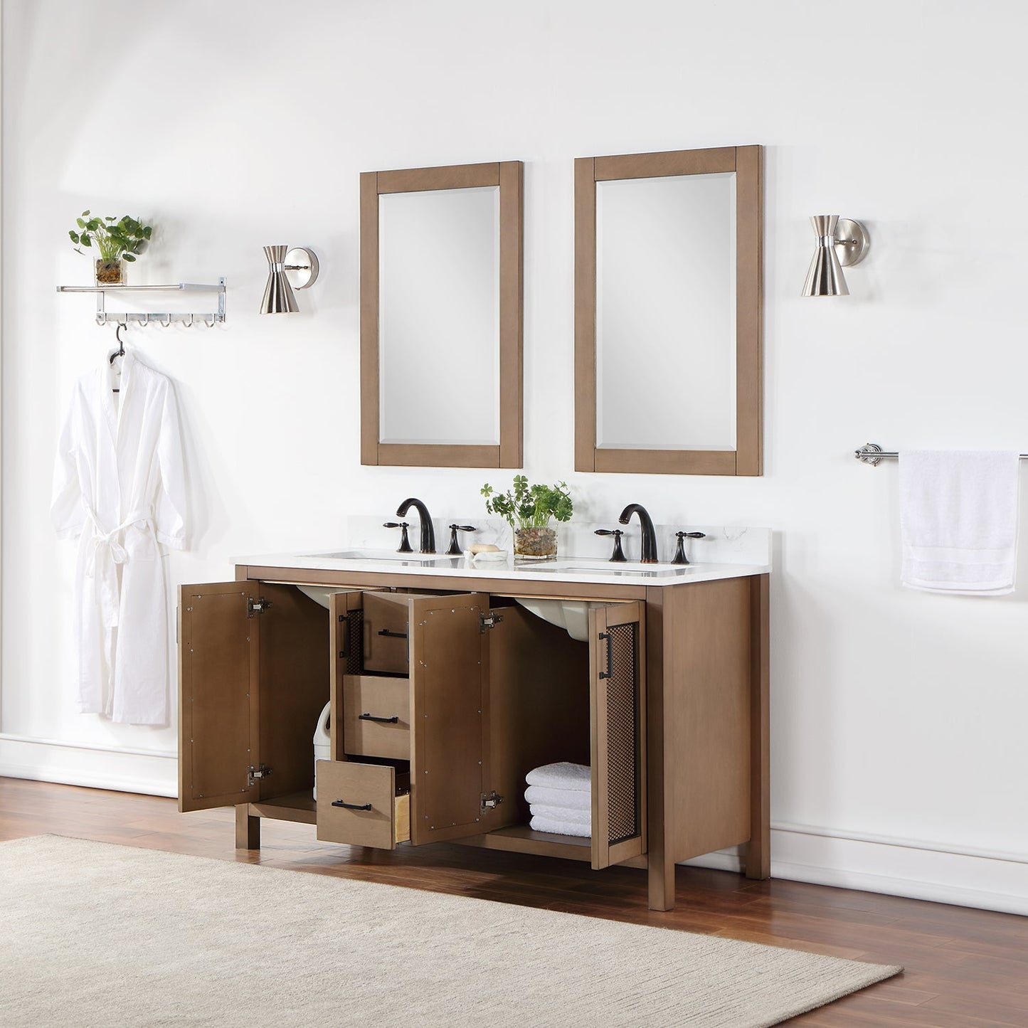 Hadiya 60" Double Bathroom Vanity Set in Brown Pine with Aosta White Engineered Stone Countertop with Mirror