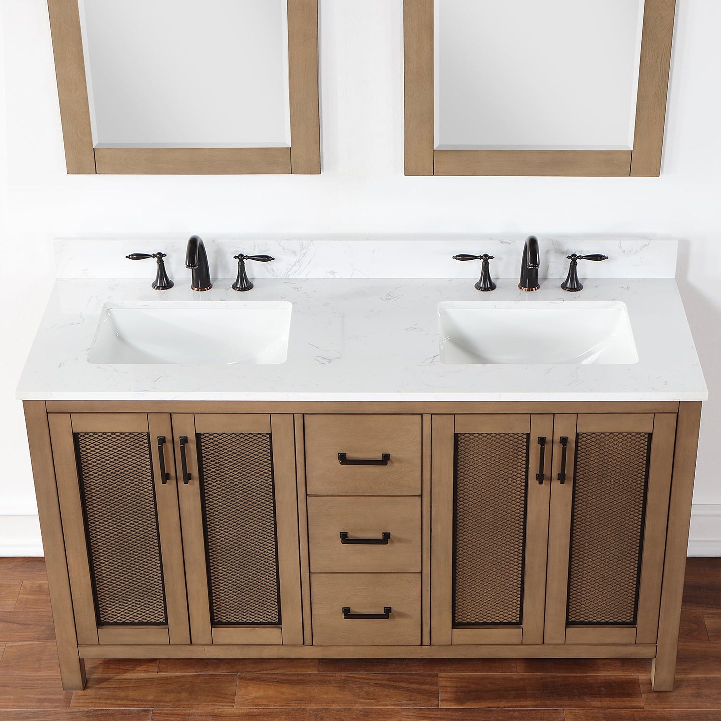 Hadiya 60" Double Bathroom Vanity Set in Brown Pine with Aosta White Engineered Stone Countertop with Mirror