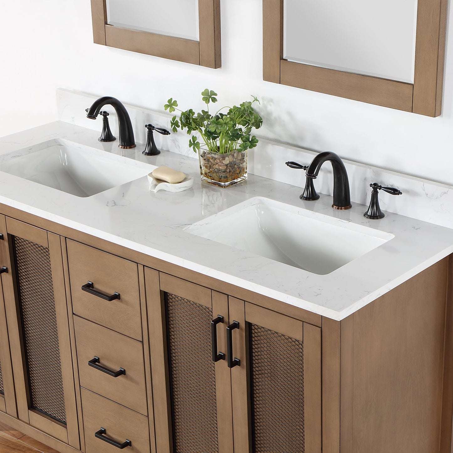 Hadiya 60" Double Bathroom Vanity Set in Brown Pine with Aosta White Engineered Stone Countertop with Mirror