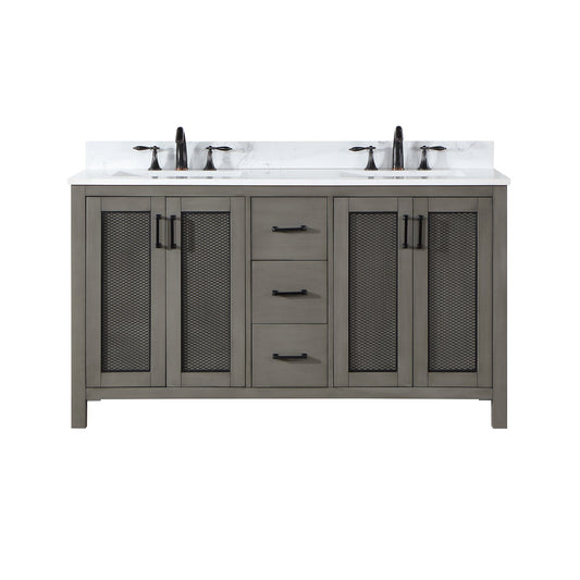 Hadiya 60" Double Bathroom Vanity Set in Gray Pine with Aosta White Engineered Stone Countertop without Mirror