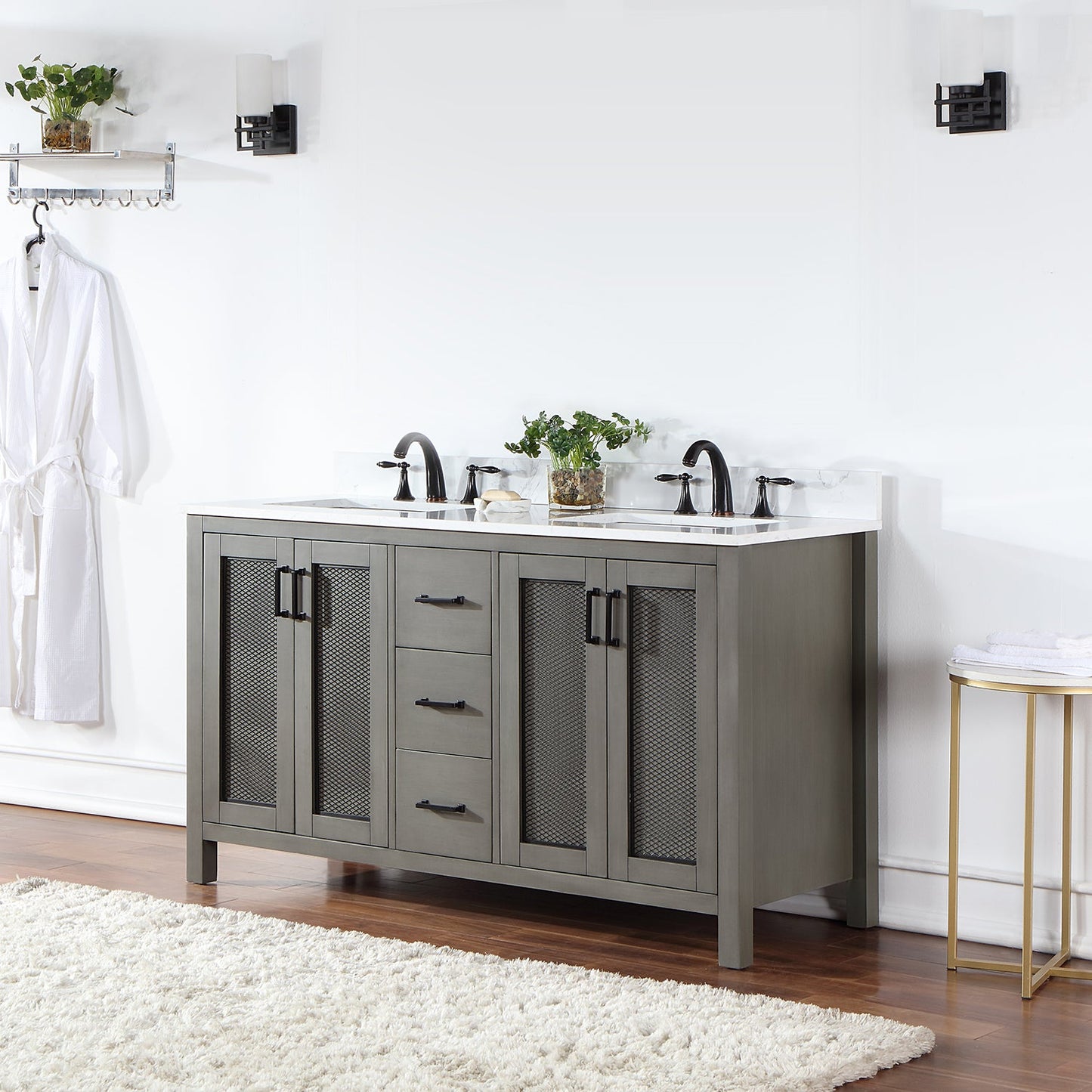 Hadiya 60" Double Bathroom Vanity Set in Gray Pine with Aosta White Engineered Stone Countertop without Mirror