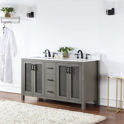 Hadiya 60" Double Bathroom Vanity Set in Gray Pine with Aosta White Engineered Stone Countertop without Mirror