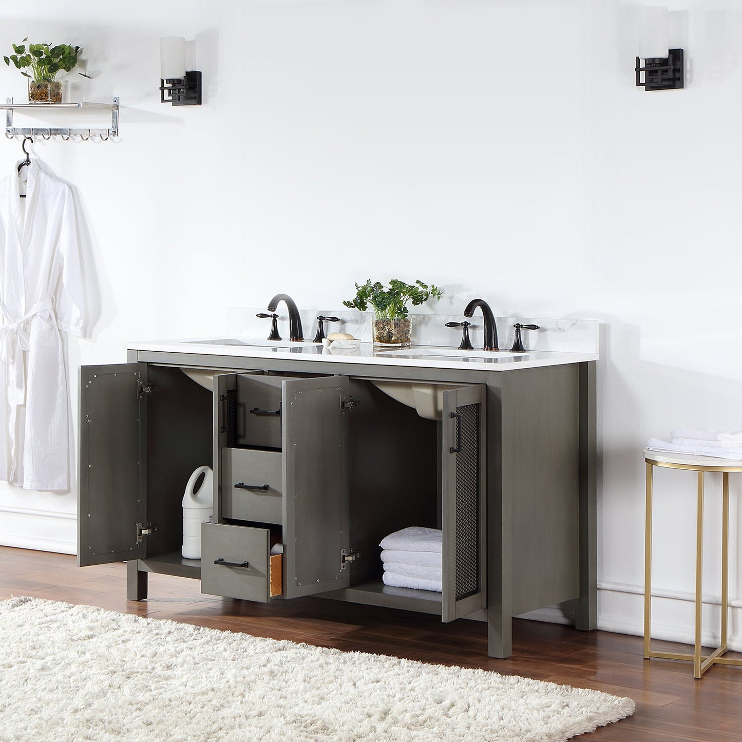 Hadiya 60" Double Bathroom Vanity Set in Gray Pine with Aosta White Engineered Stone Countertop without Mirror