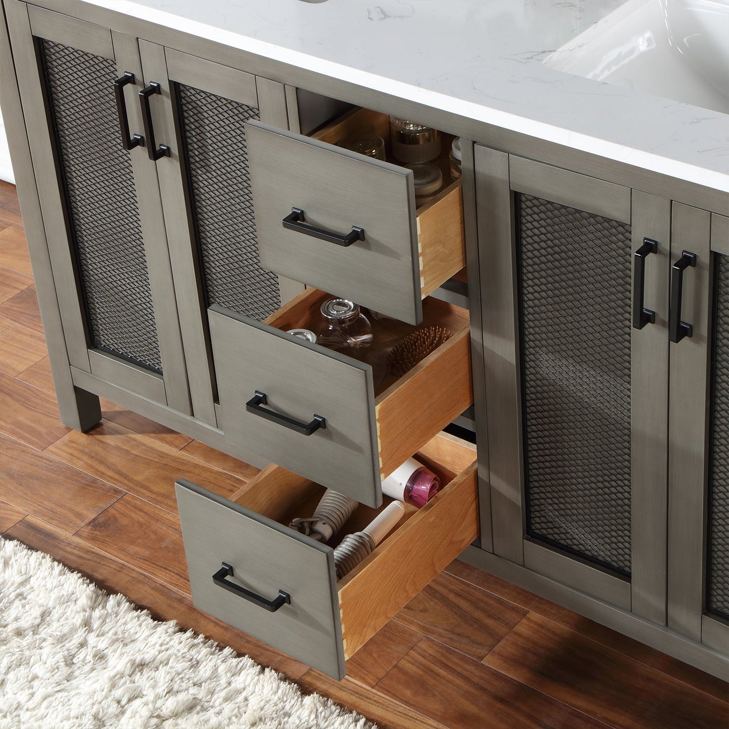 Hadiya 60" Double Bathroom Vanity Set in Gray Pine with Aosta White Engineered Stone Countertop without Mirror
