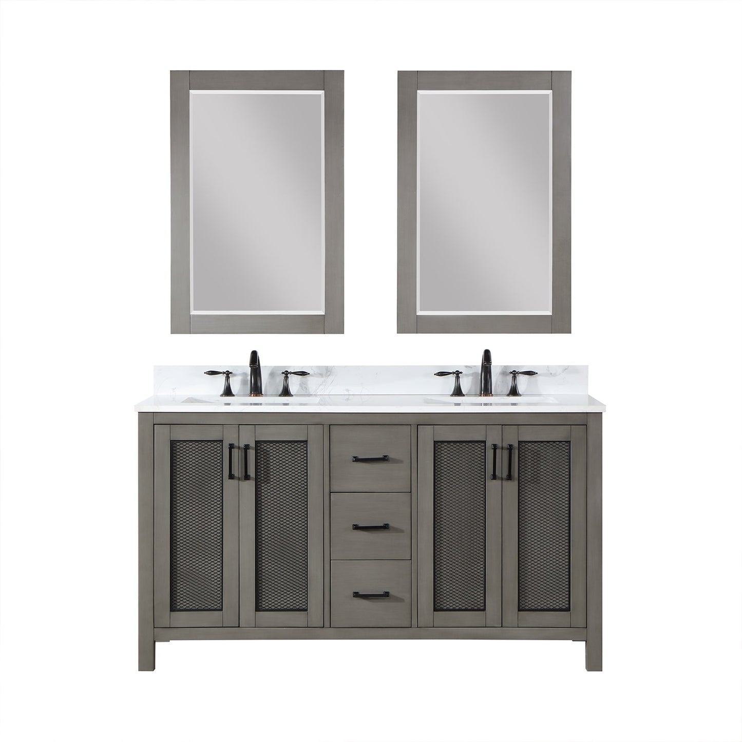 Hadiya 60" Double Bathroom Vanity Set in Gray Pine with Aosta White Engineered Stone Countertop with Mirror