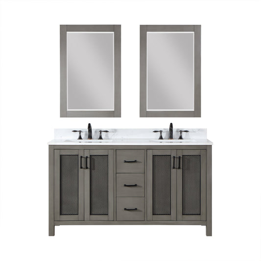 Hadiya 60" Double Bathroom Vanity Set in Gray Pine with Aosta White Engineered Stone Countertop with Mirror