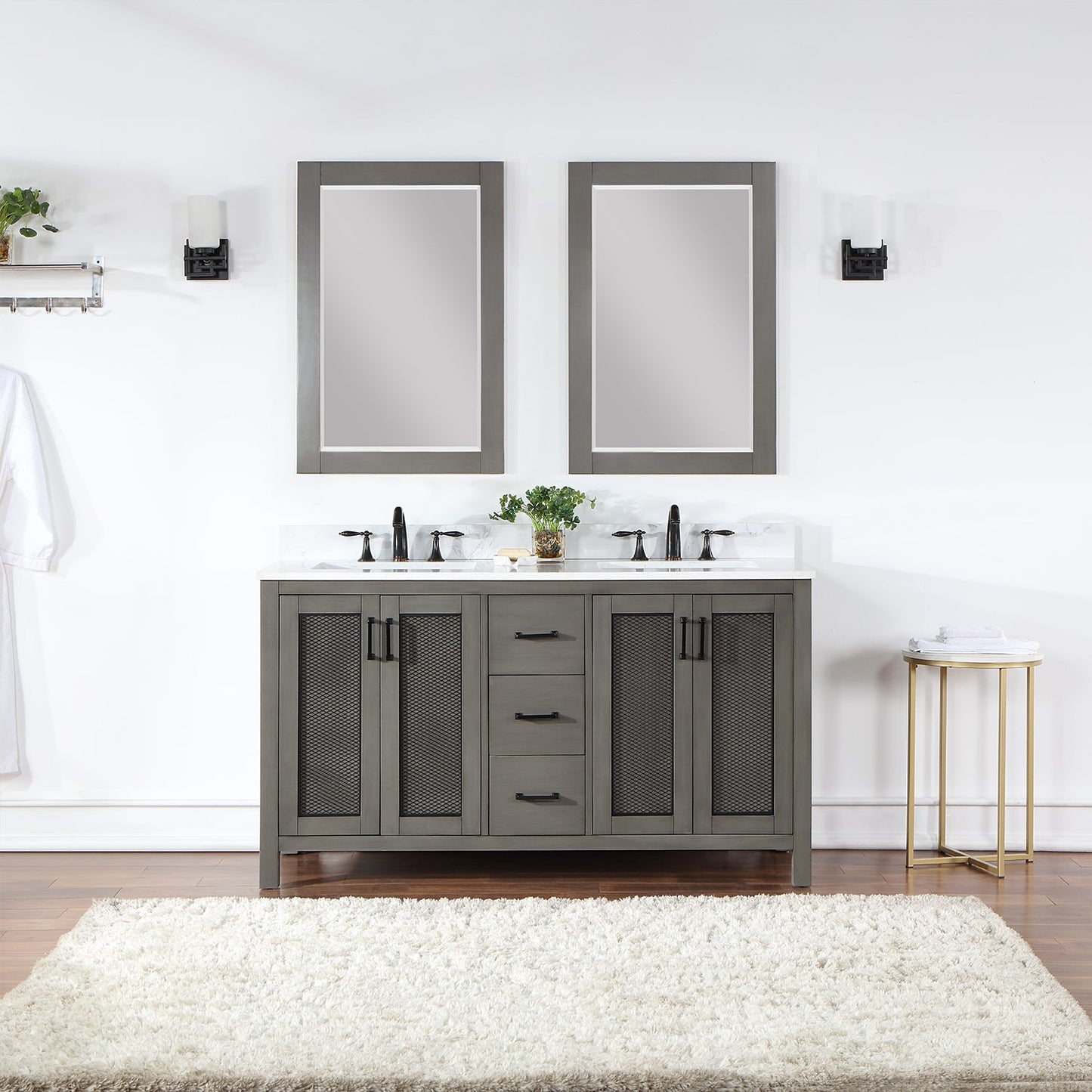 Hadiya 60" Double Bathroom Vanity Set in Gray Pine with Aosta White Engineered Stone Countertop with Mirror
