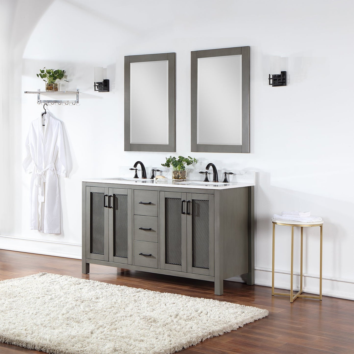 Hadiya 60" Double Bathroom Vanity Set in Gray Pine with Aosta White Engineered Stone Countertop with Mirror