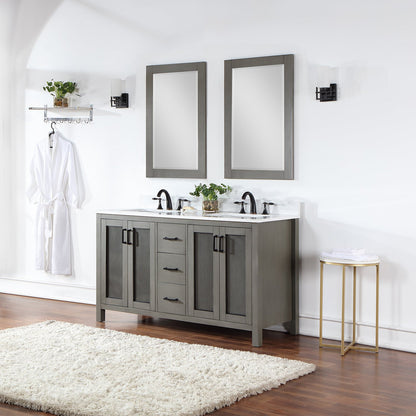 Hadiya 60" Double Bathroom Vanity Set in Gray Pine with Aosta White Engineered Stone Countertop with Mirror