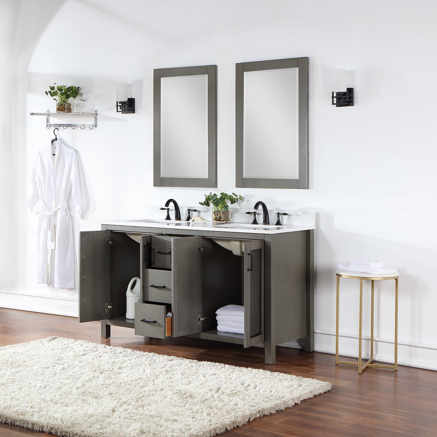 Hadiya 60" Double Bathroom Vanity Set in Gray Pine with Aosta White Engineered Stone Countertop with Mirror