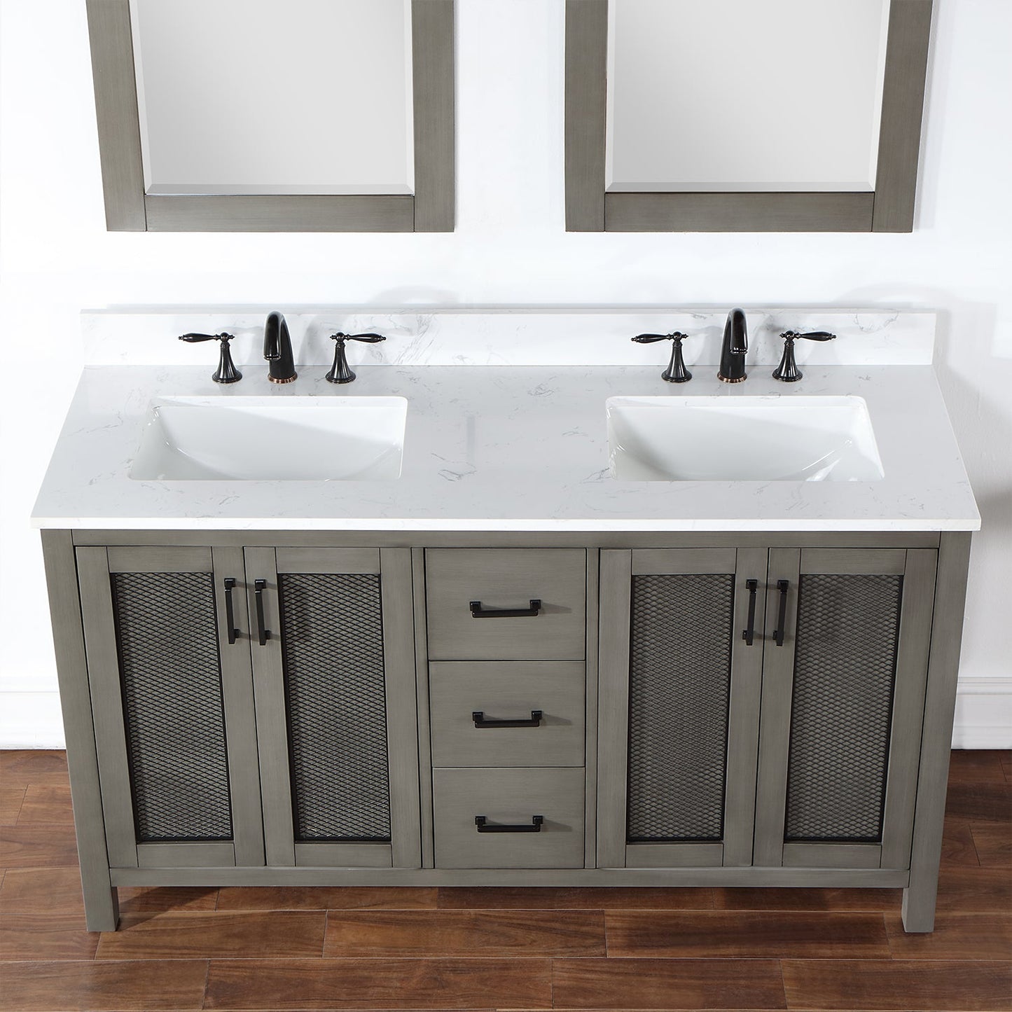 Hadiya 60" Double Bathroom Vanity Set in Gray Pine with Aosta White Engineered Stone Countertop with Mirror